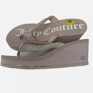 Women Juicy Couture Pink Wedge Sparkle Strap Thong Sandals Size 9